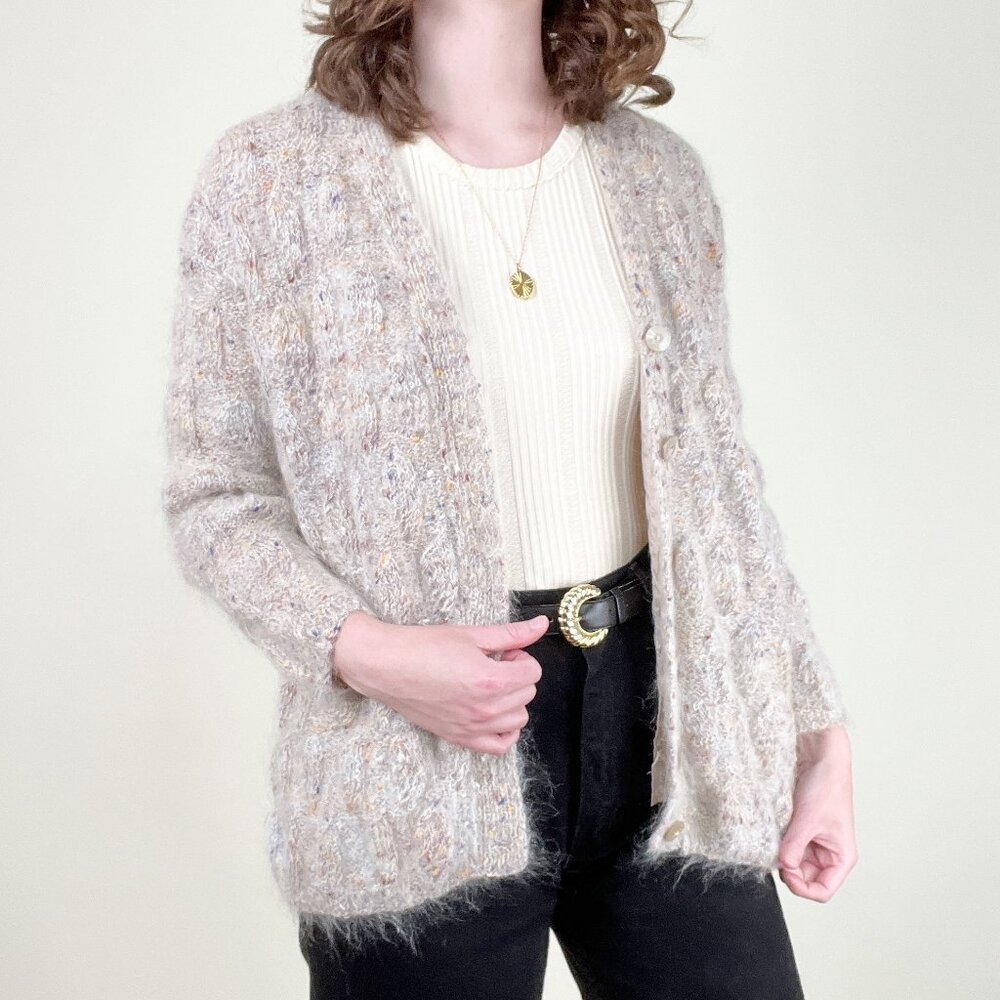 Vintage Hand Made Cable Knit Mohair Wool Cardigan Sweater Oversized Chunky Cozy - Picture 3 of 8